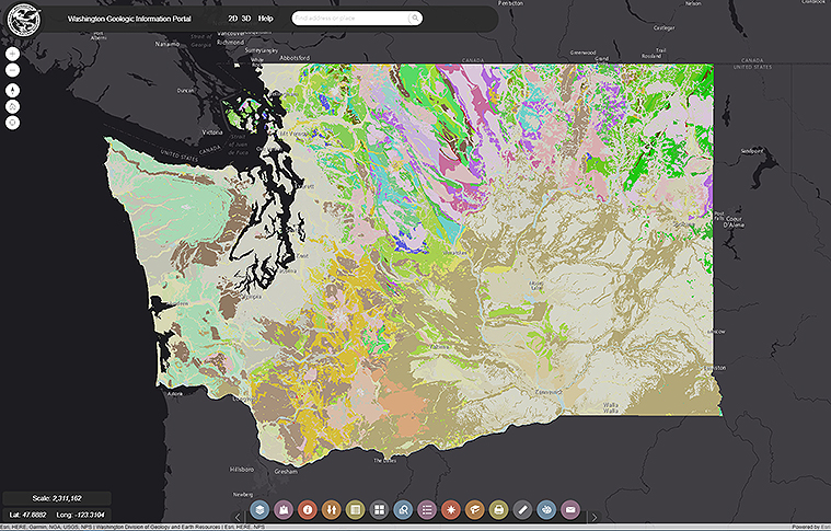 A screenshot from the WA DNR online geoportal showing different geologic features across Washington State.