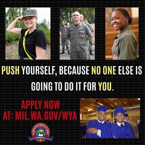 A picture of three cadets at the top all smiling. Bottom is a picture of graduates. Headline: 