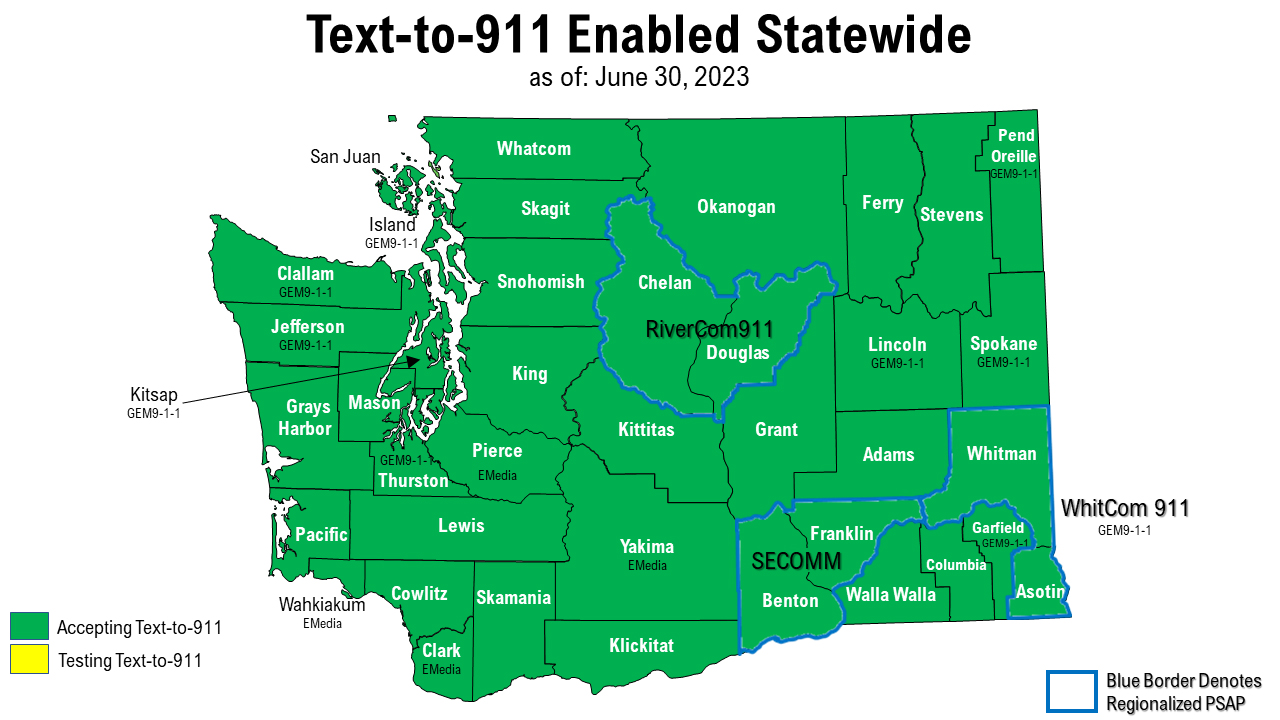 The green map of Washington state shows all 39 counties in the state capable of receiving text to 911 messages.